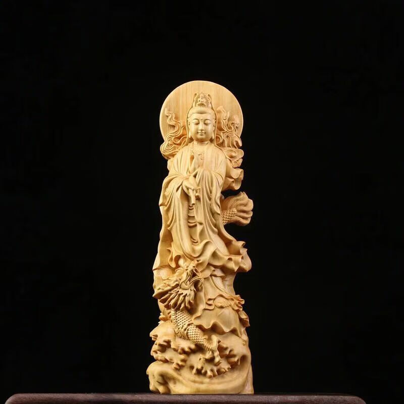 崖柏黄杨木雕御龙观音佛像摆件家用供奉居家客厅装饰品实木观世音