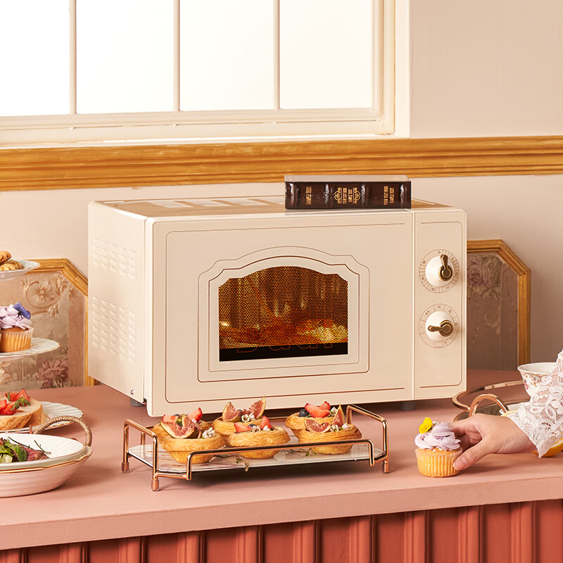 帝而（Dual） 品牌小型微波炉烤箱一体机家用白色复古高颜值微烤一体机平板迷你光波炉小尺寸 20L 高配版丨象牙白丨不锈钢款微烤一体