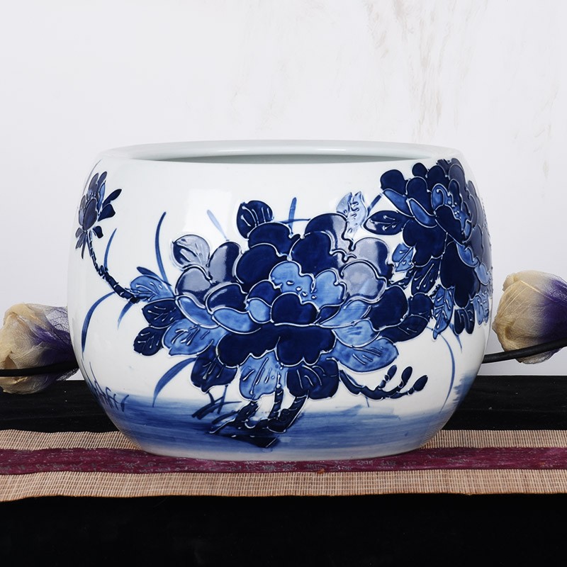 景德镇陶瓷器手绘浮雕花开富贵花盆鱼缸水浅中式家居客厅玄关 浮雕