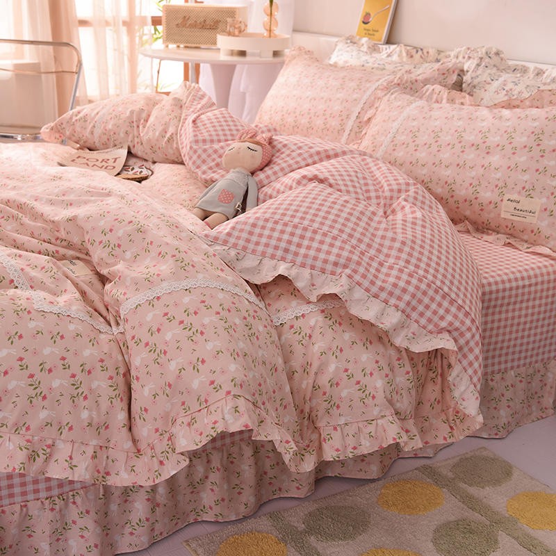 格瑞雅居  床上四件套纯棉全棉公主风小碎花田园风床上用品床单被套枕套被罩 粉诺 1.5米/1.8米床通用被套200*230cm