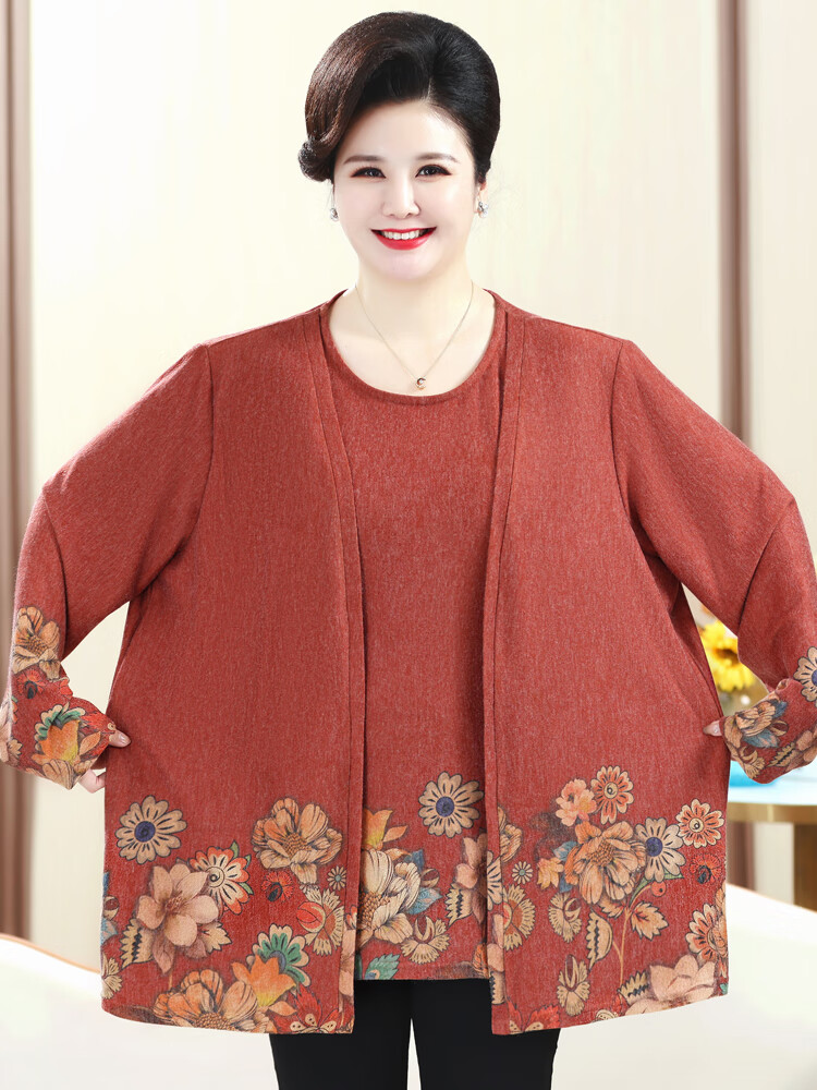 榄舍中老年胖妈妈针织衫女秋装宽松大码加肥加特体200斤假两件上衣