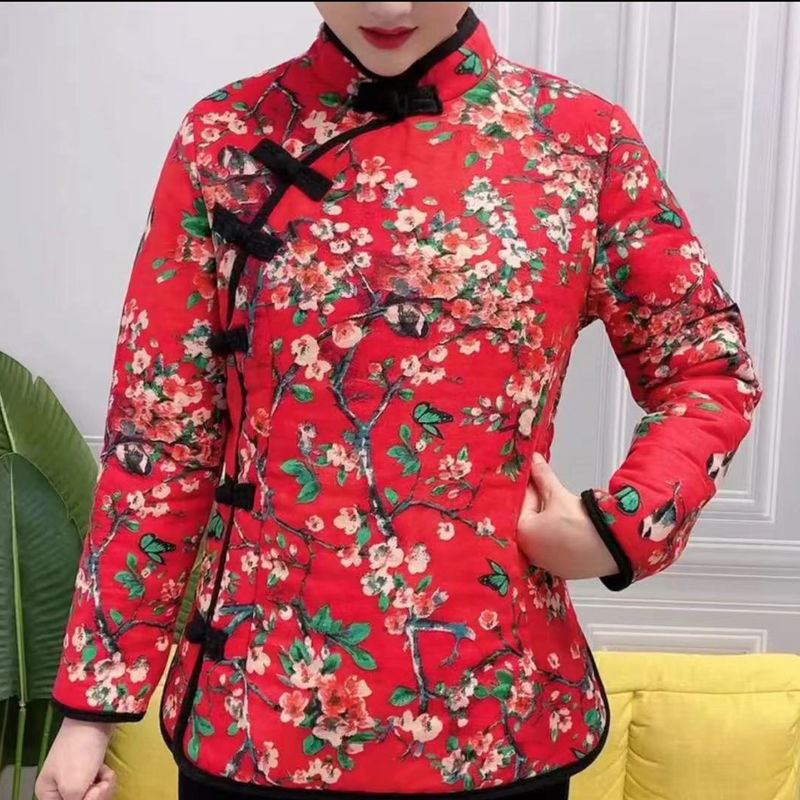 花棉袄东北农村祺袍式女冬风短款复古棉服小花袄小袄唐装 m52-j-红色