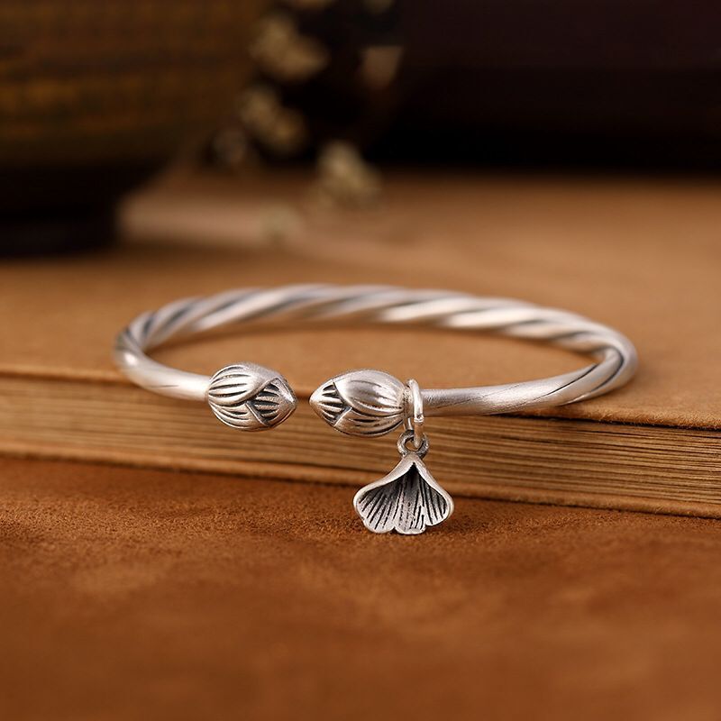 简奢唯爱 莲花银杏叶999足银手镯女复古个性女士开口花蕾对珠绞丝银
