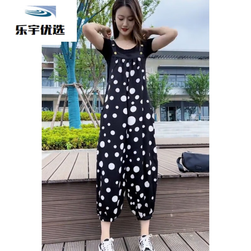 悠曼婭（YOUMANYA）2022夏季薄款韓版寬松顯瘦背帶褲兩件套裝九分褲雪紡連體燈籠褲潮 波點(diǎn)款 XL 125-150斤