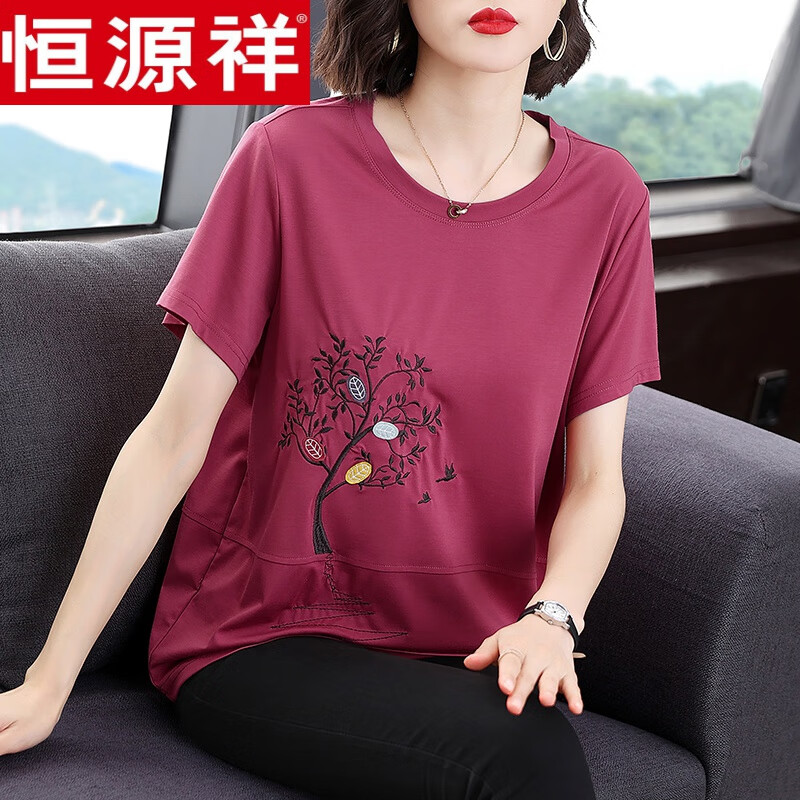 纯棉短袖t恤女夏装新款洋气大码上衣女中老年妈妈遮肚半袖体恤衫 洋红
