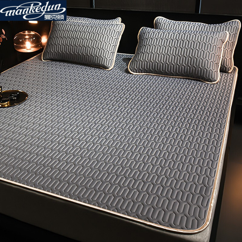 曼克顿冷感泰国乳胶凉席三件套欧式夏季冰丝裸睡空调席可水洗可折叠席子 凉感灰（泰国乳胶填充 凉感丝面料） 1.8米床（1.8m*2.0m-2个枕套）