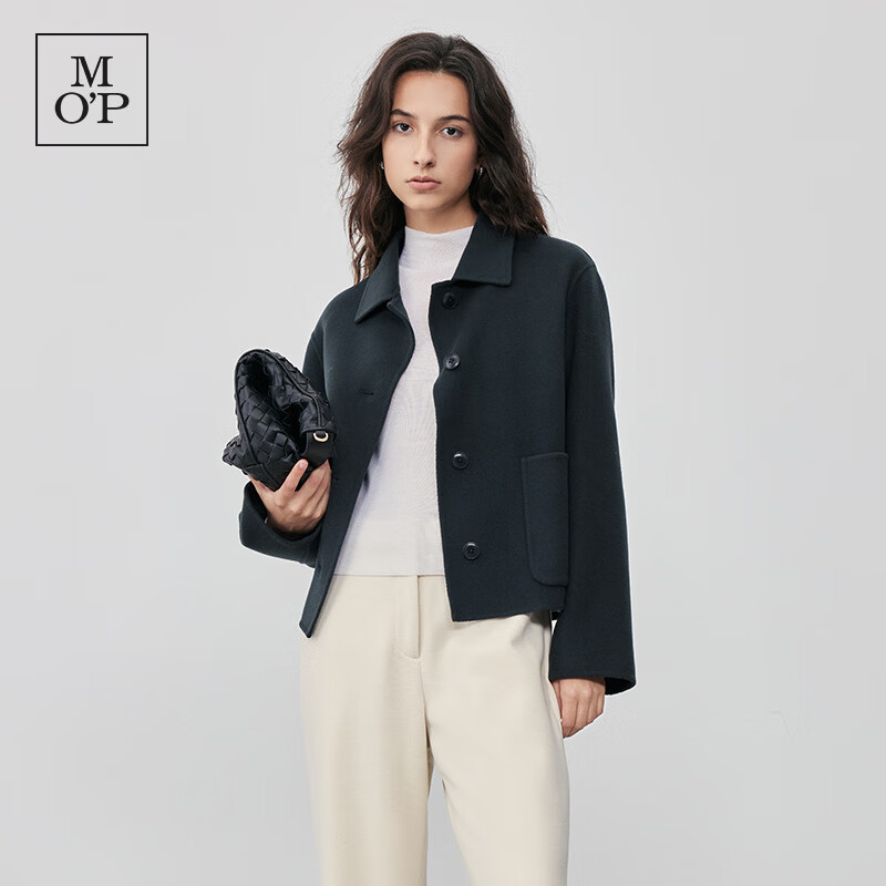 Marc O'Polo/MOP【商场同款】春季新款翻领短款绵羊毛呢外套女士 夜松绿471 34/160