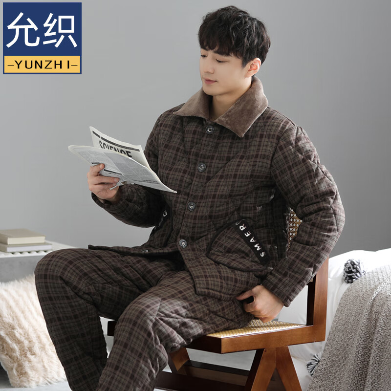 允织睡衣男士冬季三层加厚加绒梭织纯棉夹棉秋冬款珊瑚绒加大码家居服 68010-铁黑 L (170) ：建议120-140斤穿着