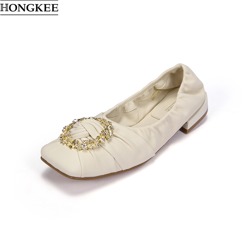 Hongkee/红科2021年春季新款羊皮方头芭蕾软底浅口女单鞋HA81S125 香草白 37