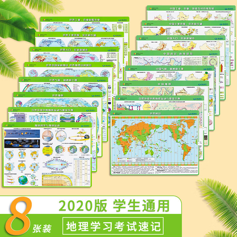 【共8张】地理学习考试速记地图2020新版 世界地图学生地理高中均适用 中国地形+政区图 经纬线 洋