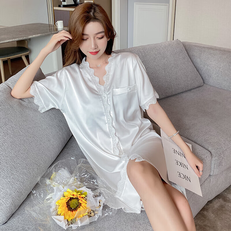 新款睡裙女冰丝性感甜美短袖春季薄款仿真丝凉感女士睡衣女家居服qjj