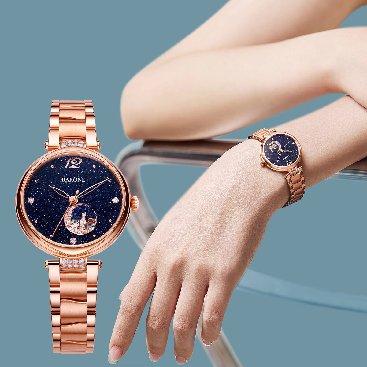 雷诺(rarone)【商场同款】星月猫咪手表女时尚星空表盘防水钢带自动