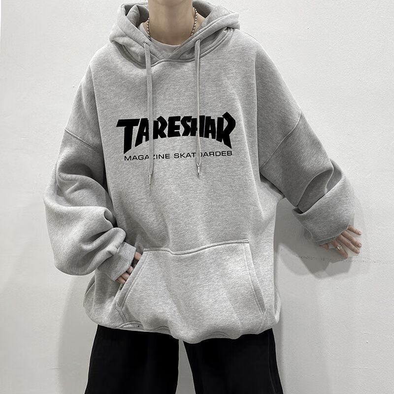 舒晋卫衣男连帽加绒上衣秋冬百搭潮流ins青少年宽松潮牌字母印花外套