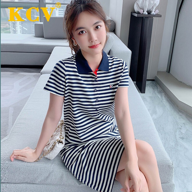 kcv香港潮牌女装polo领连衣裙夏季新品显瘦百搭休闲小个子条纹中长款