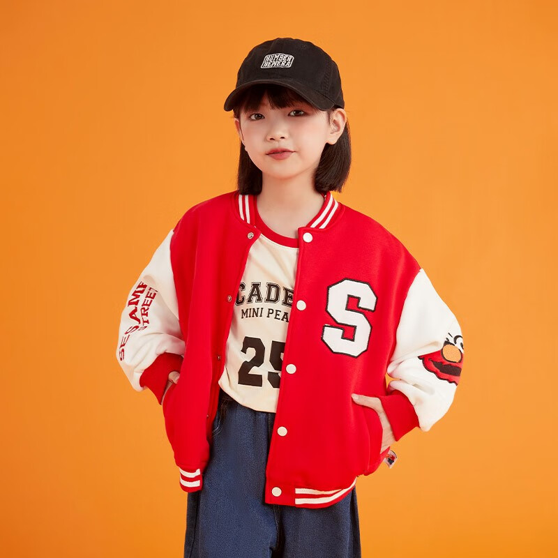 芝麻街女童棒球服外套春秋款2023新款秋季时髦洋气宽松女孩儿童装 红色 120cm