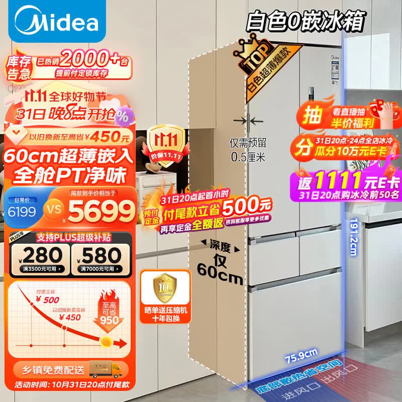 美的（Midea）60cm薄系列424升法式五门多门超薄嵌入大容量家用智能电冰箱无霜一级变频BCD-424WFPZM(E)白色属于什么档次？