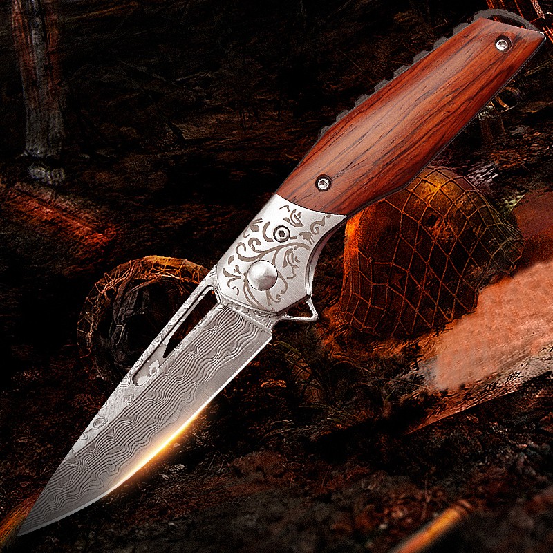 傲斯大马士革钢折叠刀高硬度防身军工刀大马士革口袋小刀便携锋利高端礼品刀具开刃随身户外折刀花纹钢带皮套 小飞鹤