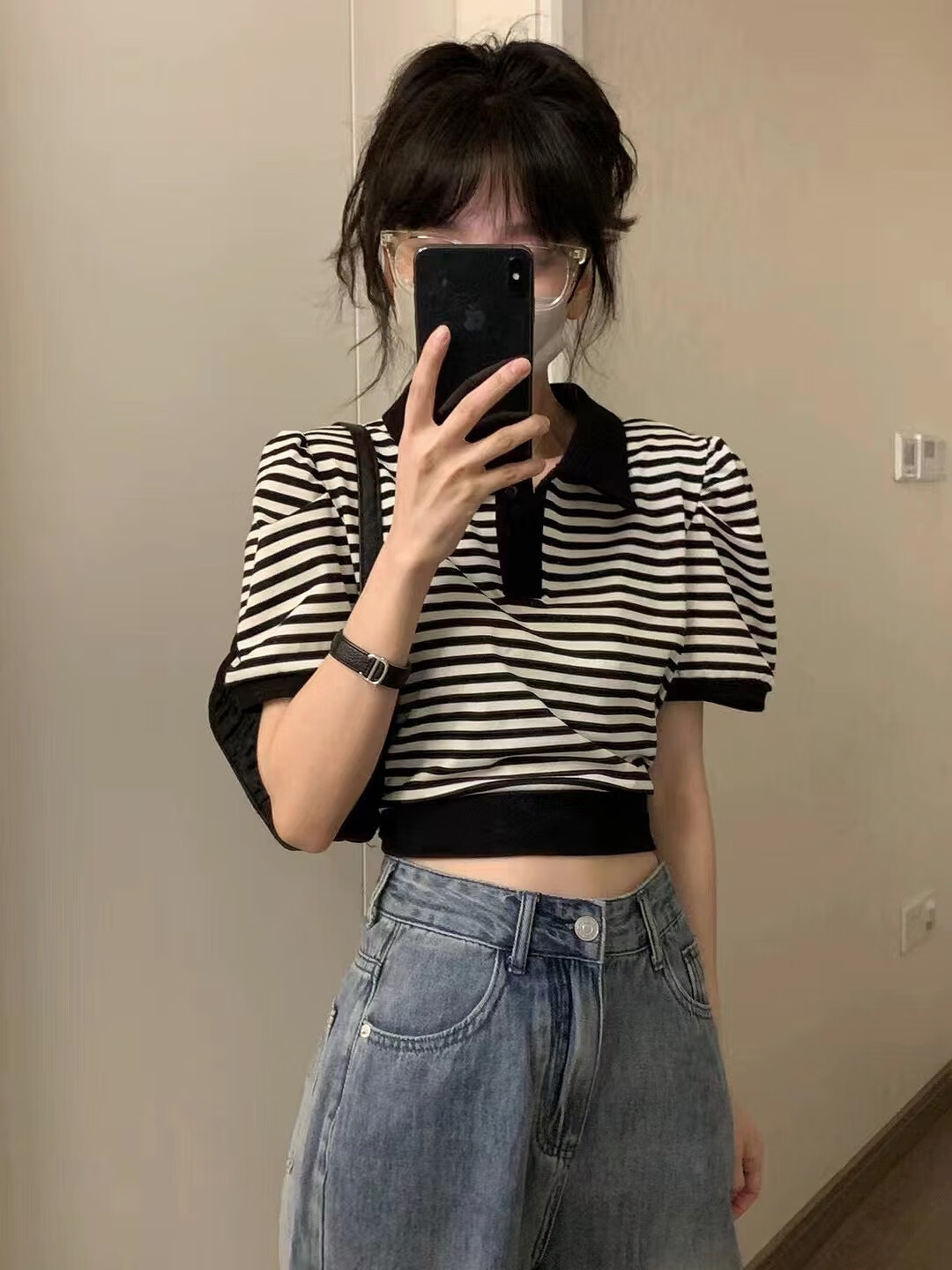 短袖t恤女翻领后背绑带显瘦短款polo衫2023春 背后蝴蝶结胸围90长48