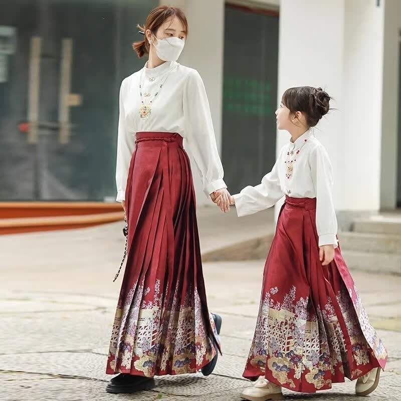 迪士尼亲子款马面裙女童秋天薄款套装儿童汉服古风超仙母女同款高端国风 白色长袖上衣+红色长款马面裙+ S[成人码]使用感如何?