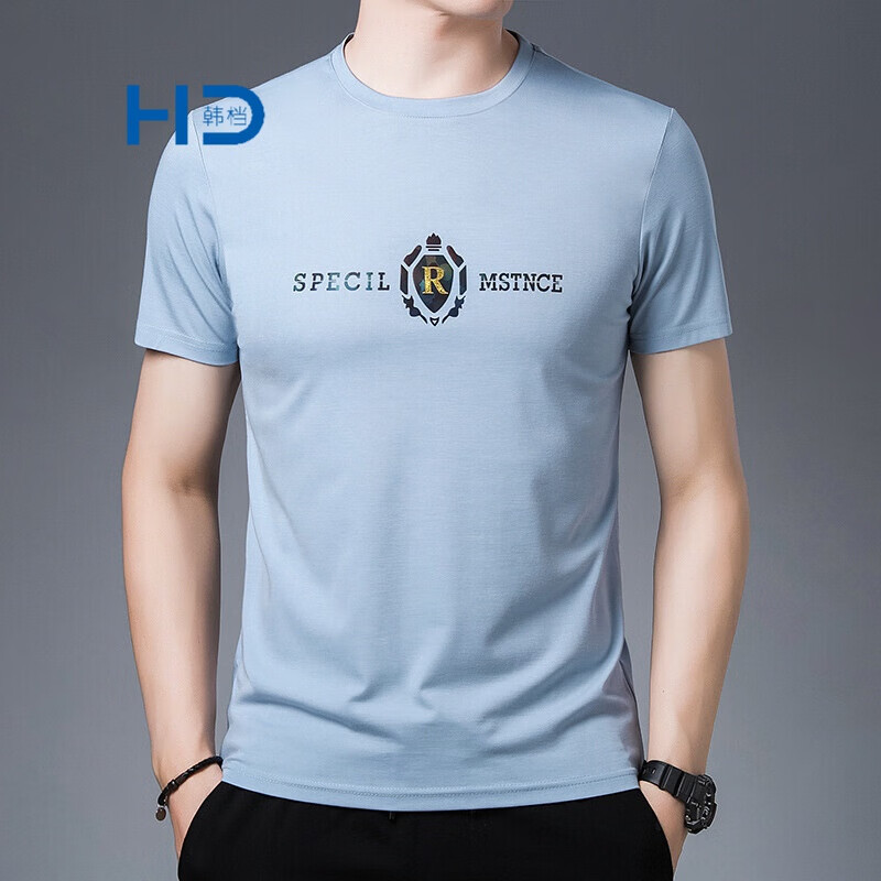 韩档  2021年夏季新款男式圆领T恤青年时尚潮流男装短袖上衣舒适 浅蓝 XL