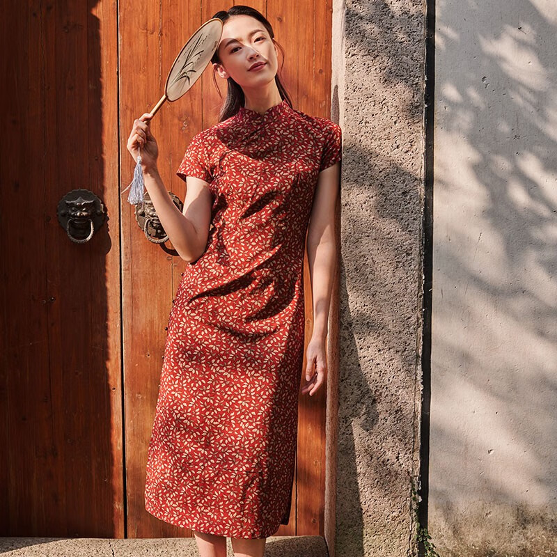 布符（Cloth Fu）布符夏时尚中国风木扣开叉改良优雅气质印花中式旗袍女 红色（裙长104cm） L