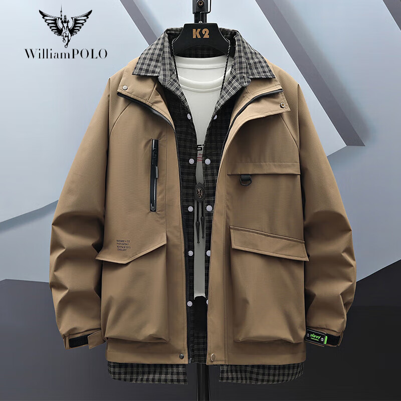 英皇保罗格子假两件外套男士秋冬季新款潮牌高级感春秋工装痞帅夹克上