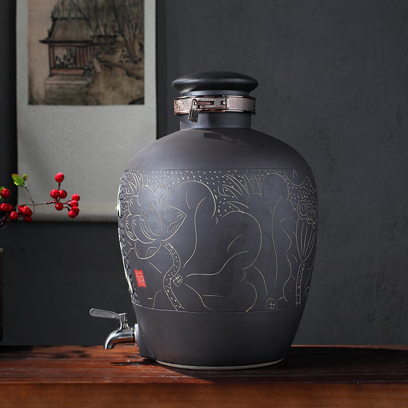 景德镇陶瓷酒坛子5/10/20/50斤装密封酒罐家用存泡酒专用空酒瓶缸 20斤雕刻荷花私藏+龙头 底座