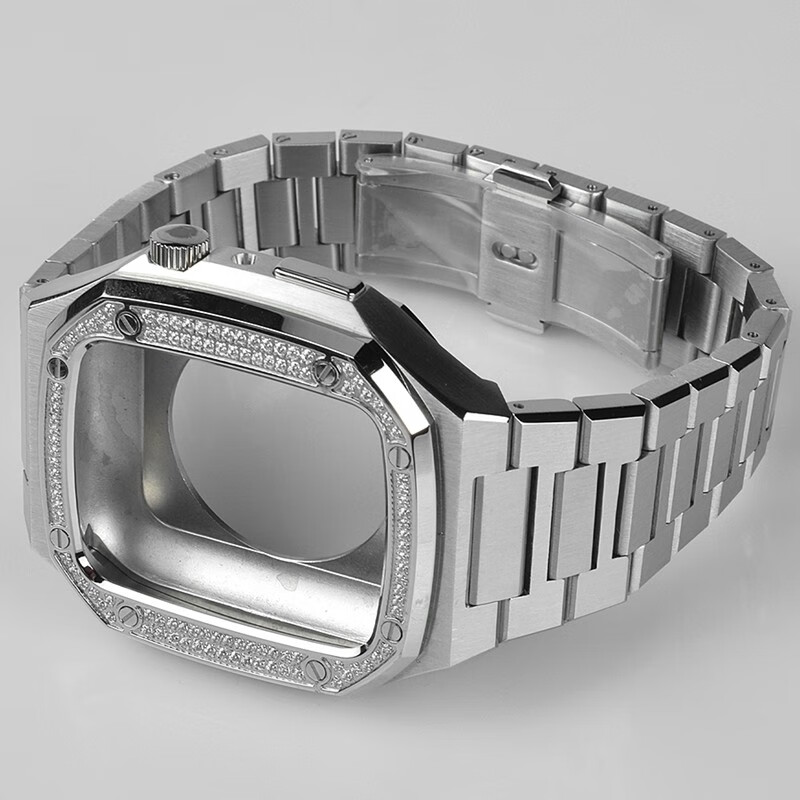 MR.MULL星图适iwatch234567se89是一体保护套手表带不锈钢金属蝴蝶扣改装 钻面一体壳（银色） 45mm(7/8/9代)