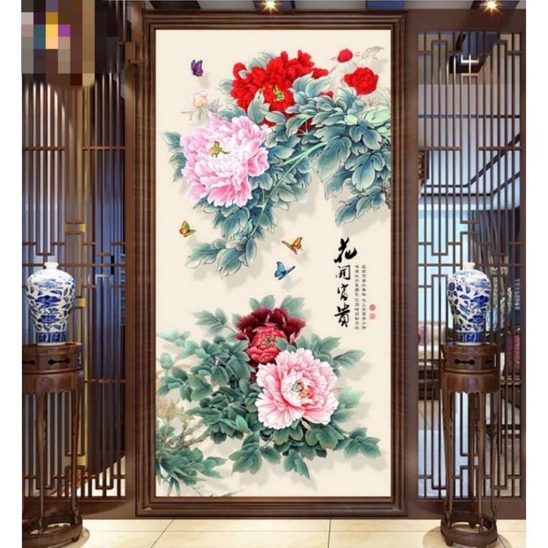 顾致中式墙纸牡丹花玄关过道竖版壁画走廊背景墙花开富贵壁纸墙布