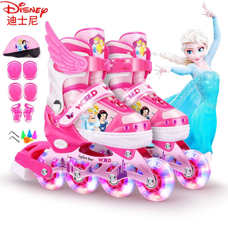 迪士尼（Disney）溜冰鞋儿童轮滑鞋套装男女可调节旱冰鞋初学滑冰鞋 粉色公主 全闪套装M码