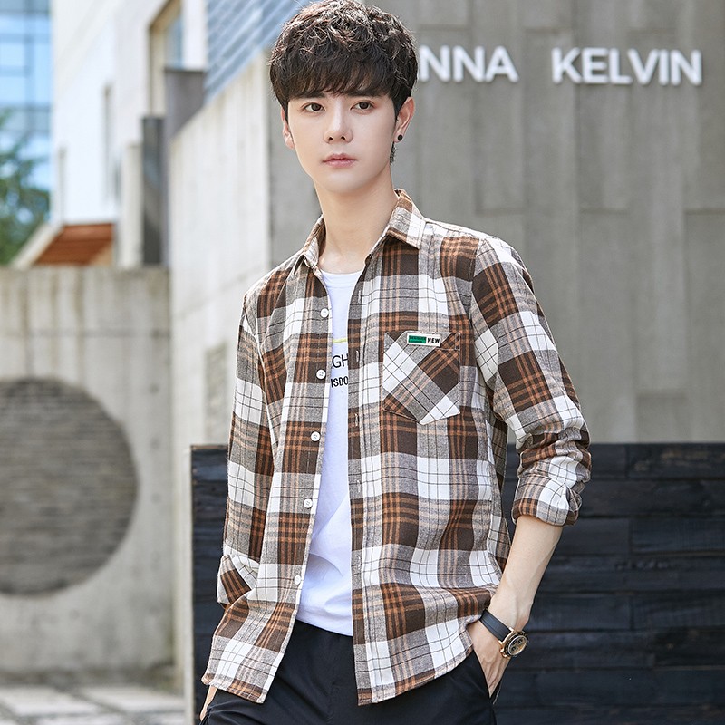 专帅时尚青少年13岁男孩帅气春秋装15初中学生休闲衬衫大童格子衬衣