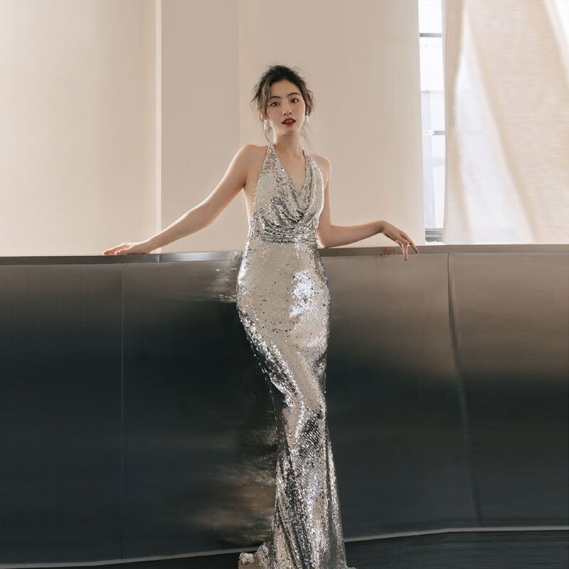 丝潇亮片银色礼服「bling」高端轻奢晚礼服新娘敬酒服 银色  s