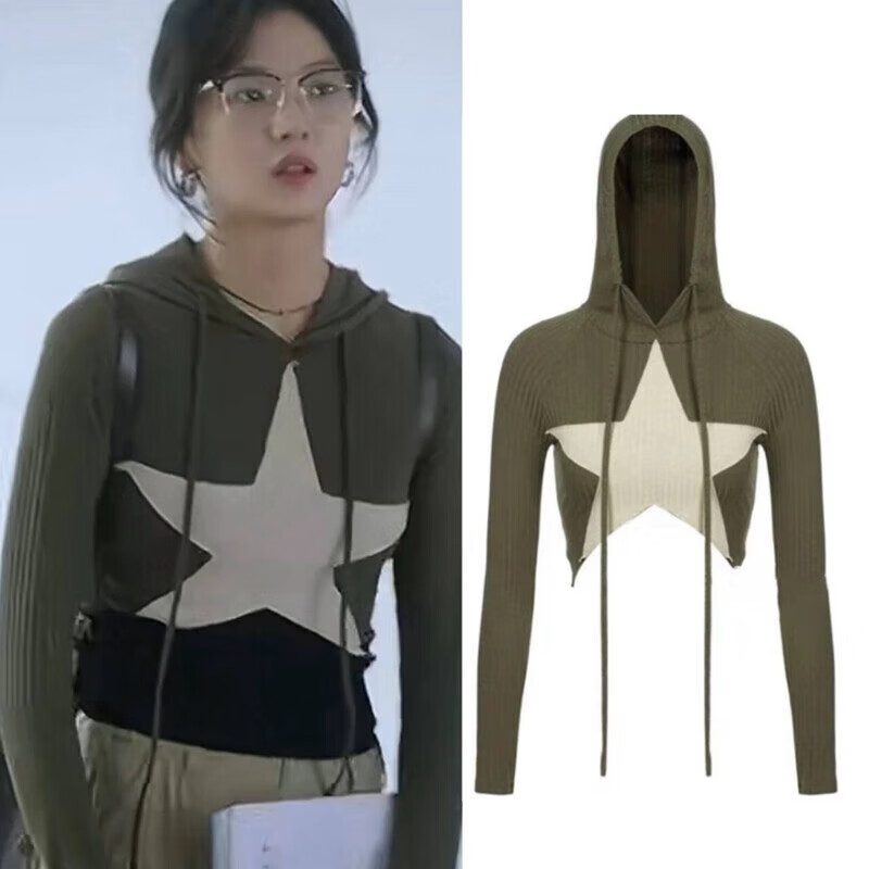 狮奥利兴烟火人家孙千同款陶姝娜军绿色复古五角星国潮连帽头针织上衣
