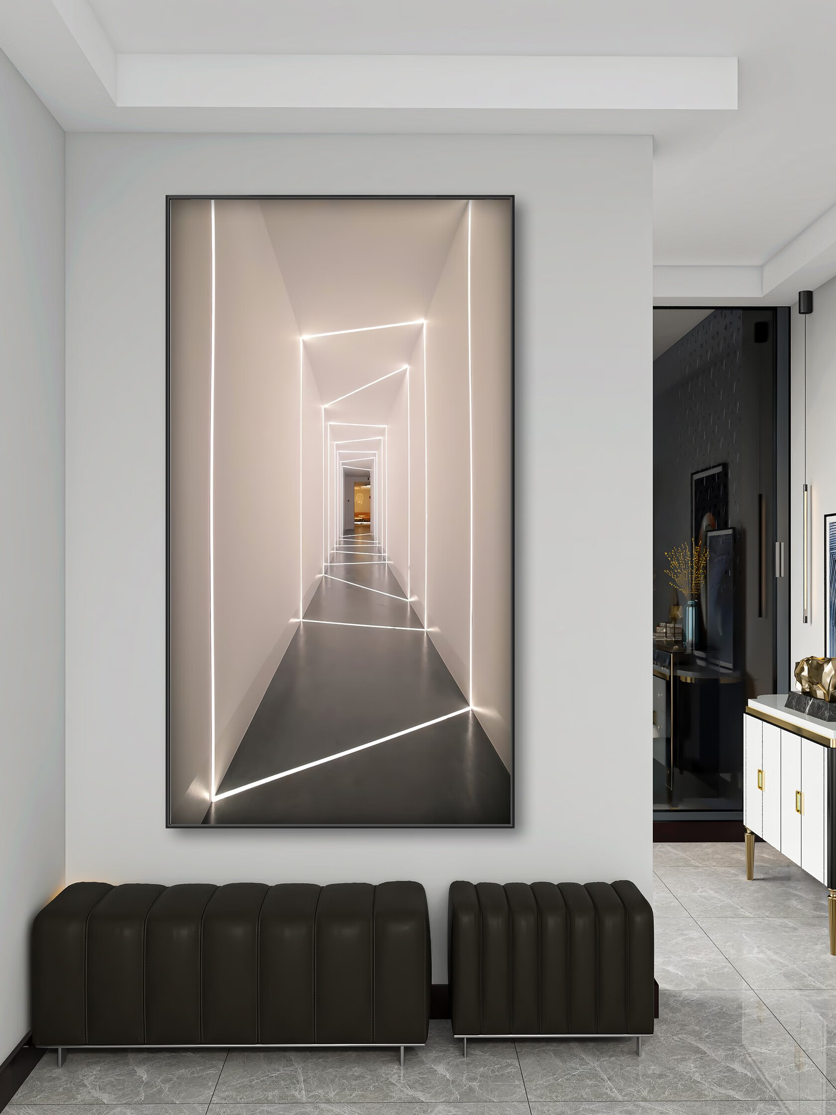 hktk 现代玄关装饰画空间延伸led客厅落地画入户走廊沙发背景简约挂画