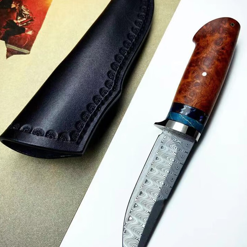 雨轩户外  瑞粉大马士革钢刀野外直刀手工锋利北欧随身收藏小刀送礼