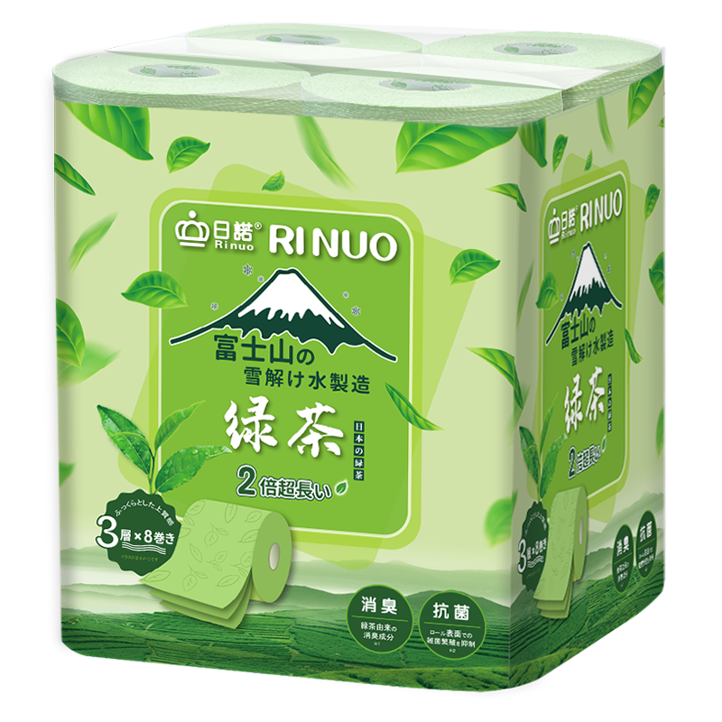 日诺（Rinuo）日本进口绿茶芳香卫生纸卷纸可溶水溶厕纸有芯卷筒纸压花纸巾8卷