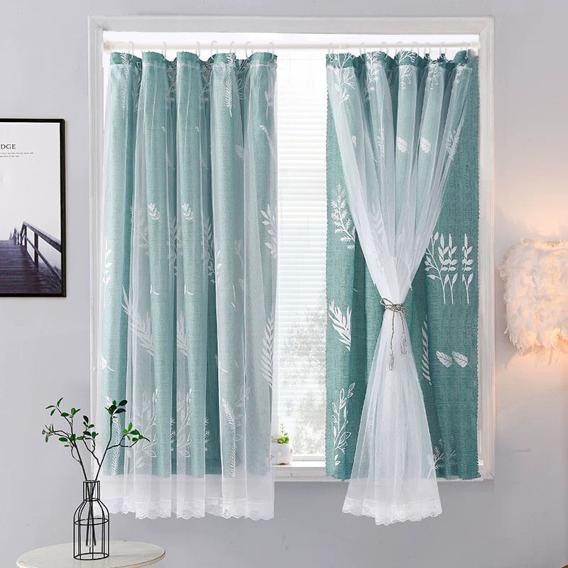 窗帘简易免打孔安装卧室遮光布小短纱帘网红抖音网红 漫叶挂环款带