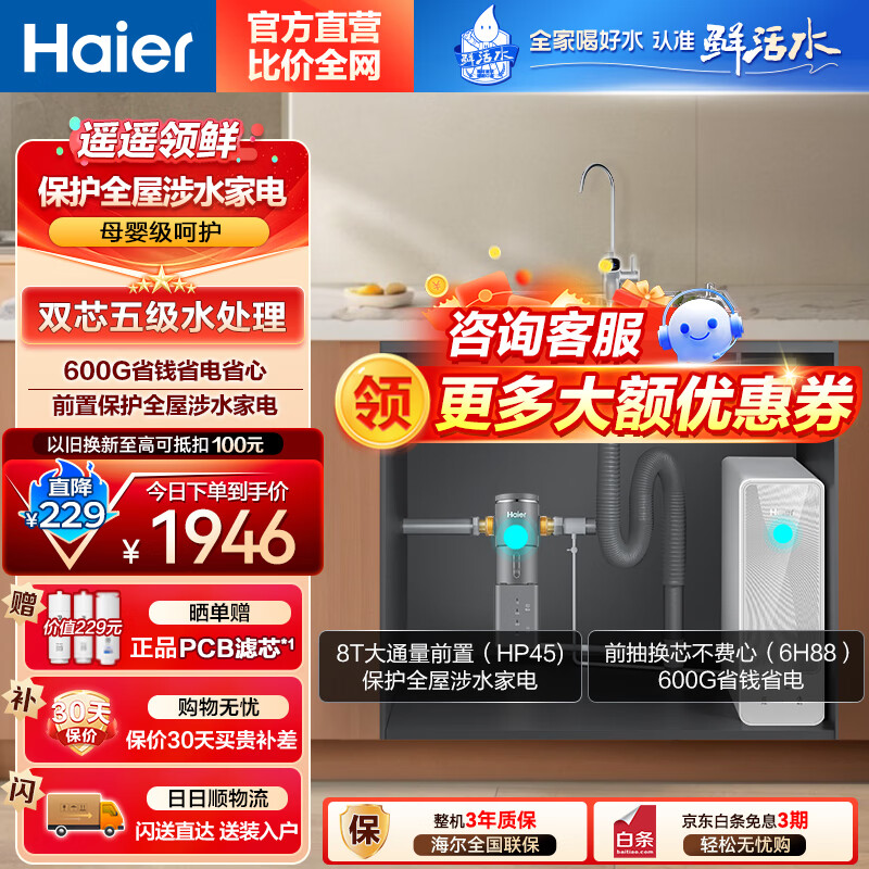 海尔（Haier）自然湃600G大通量双出水家用净水器套装直饮净水机厨下式RO反渗透过滤净饮一体机全屋净水器管线机 【两件套】净水器+旗舰智能前置