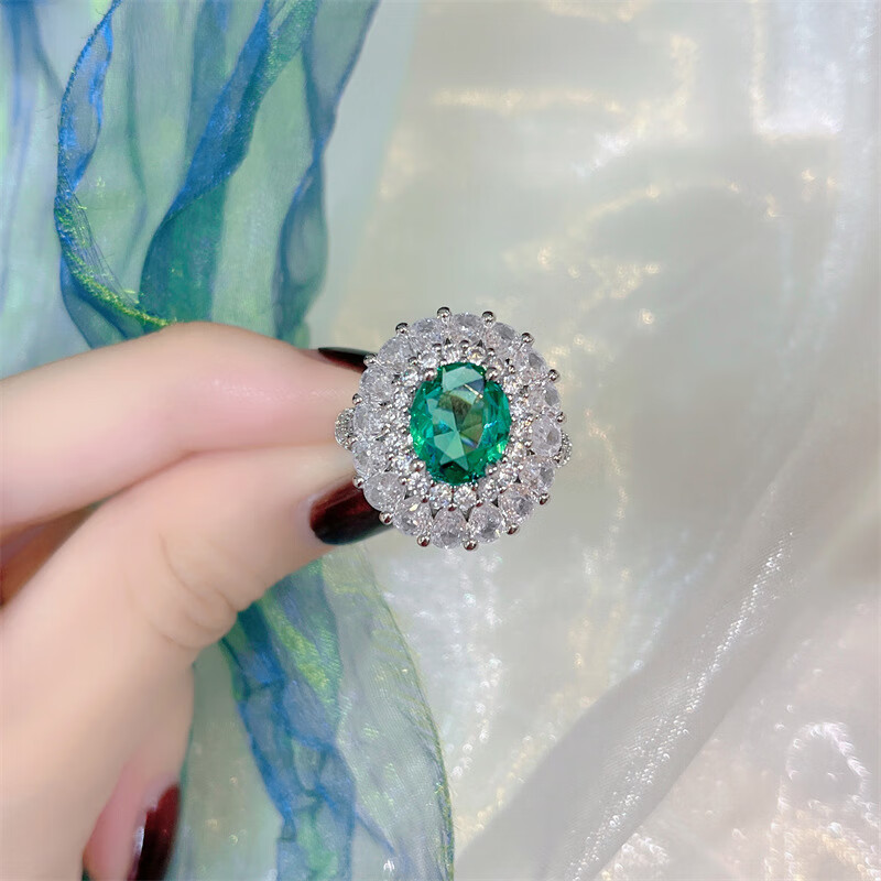 名媛复古祖母绿戒指女ins高端质感小众设计奢华满钻网红锆石指环