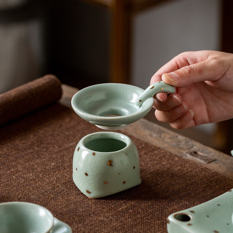 京峰阁 功夫茶具套装 汝窑拍金傲然茶壶茶杯可开片高档轻奢家用送礼盒装 拍金傲然茶壶套装 6人饮 17件