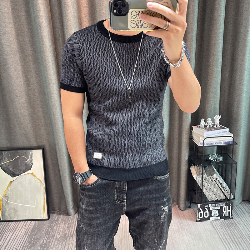 LUO ELEMENT短袖毛衣男秋冬半袖针织衫圆领弹力紧身打底衫半截袖内搭毛线上衣 灰色 M85~105斤