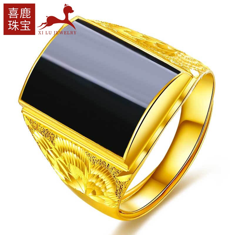 喜鹿 黄金戒指 金镶玉男士开口足金戒指男款 墨玉金戒指 节日礼物