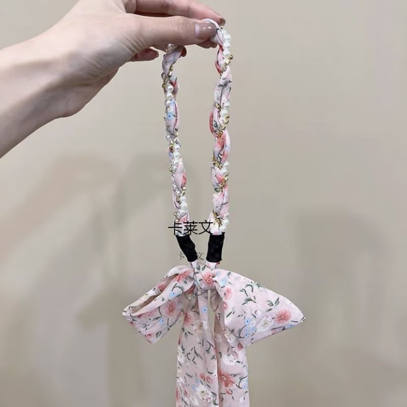 卡莱文碎花绑法夏季飘带一体女日常外戴系带编发丝带头饰 粉色碎花款