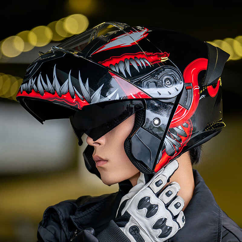 劲悦途3C认证摩托车头盔男 冬季保暖电动车揭面盔 女四季通用安全帽 909毒刺哑黑