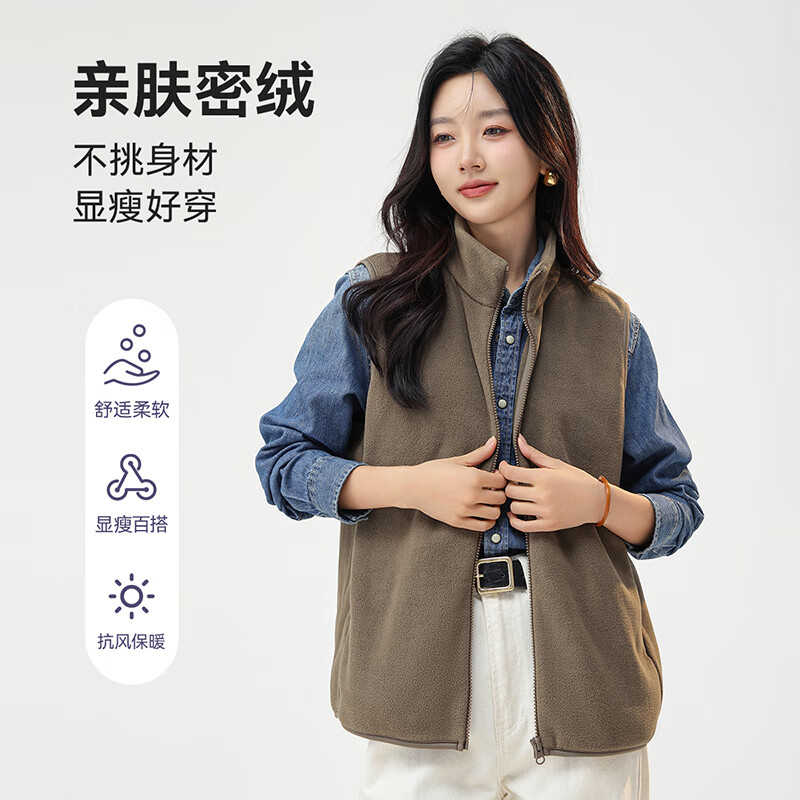 雪中飞马甲女立领抓绒时尚休闲秋冬男女同款背心外套  驼色  M