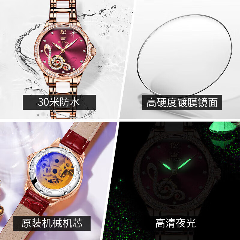 欧利时(OLEVS)瑞士认证品牌手表女简约气质全自动机械表夜光防水女士陶瓷腕表 6656YF-陶瓷带玫壳白面女