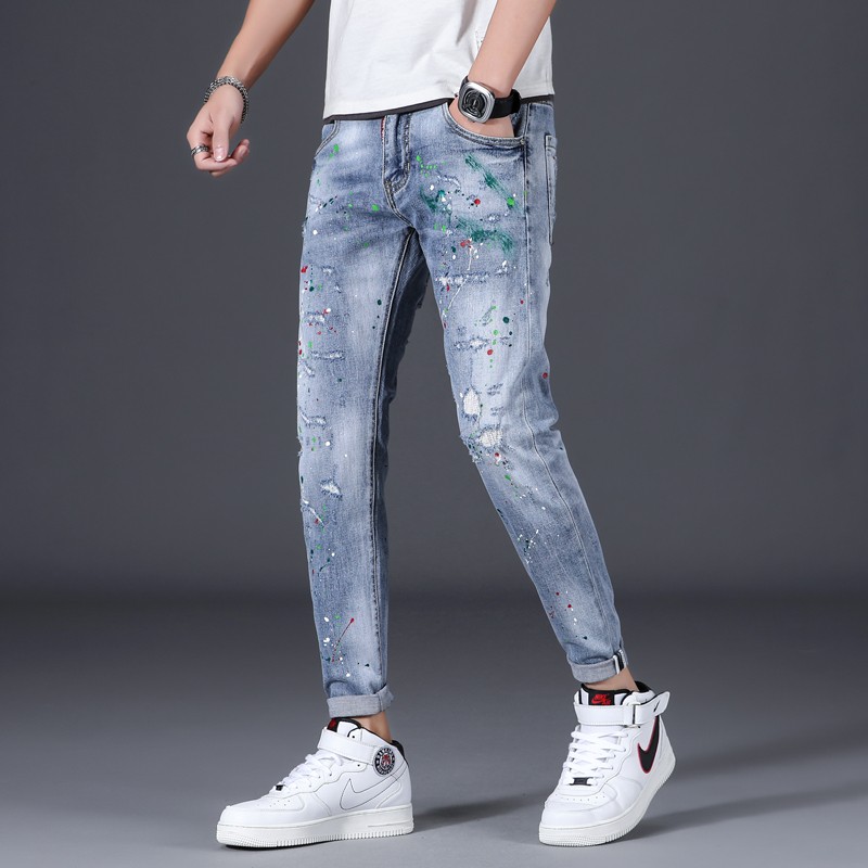 迪欧图 秋季新款男士破洞牛仔裤男修身小脚裤韩版轻奢高端潮牌时尚
