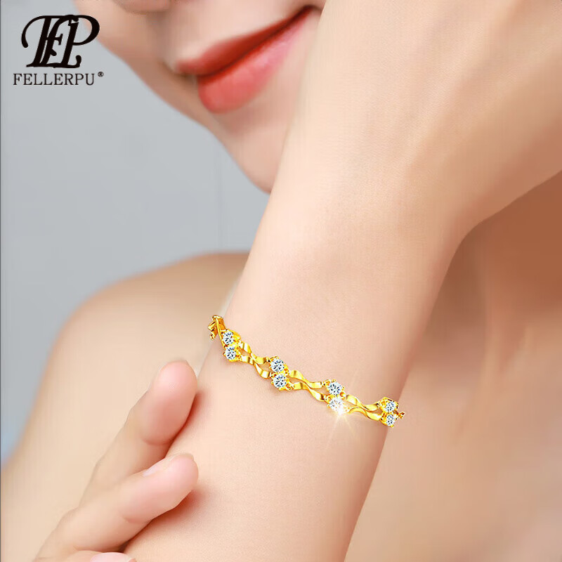 菲乐普品牌金手链女双层24金k镶钻999手饰品情人节生日礼物送老婆纪念