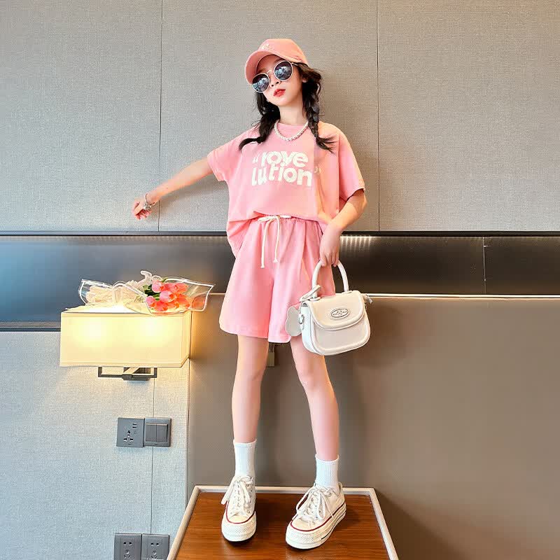 悸呓女童夏装套装2023新款大童女装运动短袖短裤小学生女孩衣服两件套
