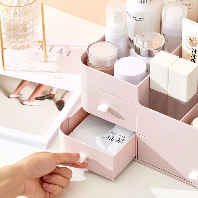 化妆品收纳盒抽屉桌面收纳盒大号化妆盒收纳盒塑料首饰收纳盒学生 豪华特大三抽(可放面膜)-北欧粉